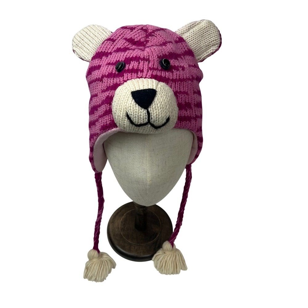 Pink Striped Knit Bear Earflap Beanie Hat with Pom Poms and Fleece Lining